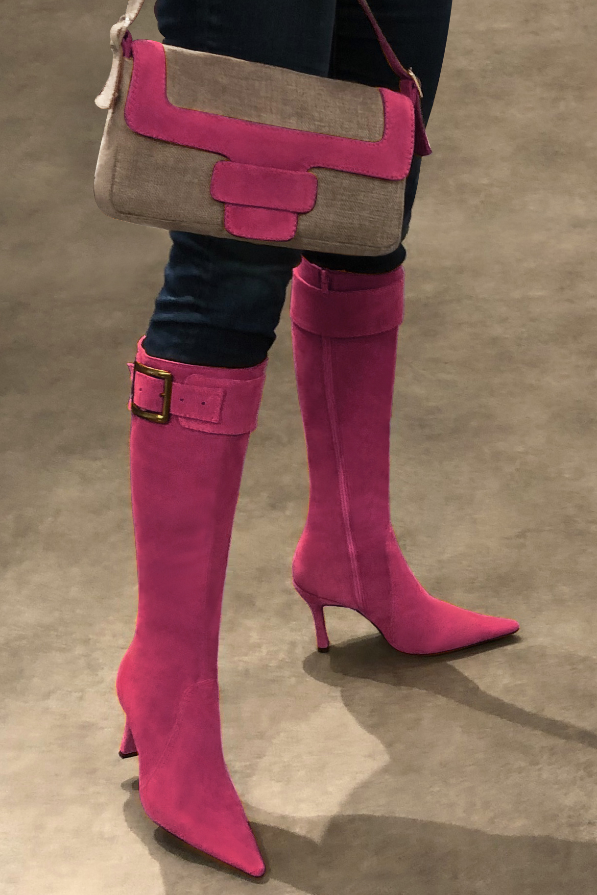 Fuschia pink women's feminine knee-high boots. Pointed toe. Very high spool heels. Made to measure. Worn view - Florence KOOIJMAN